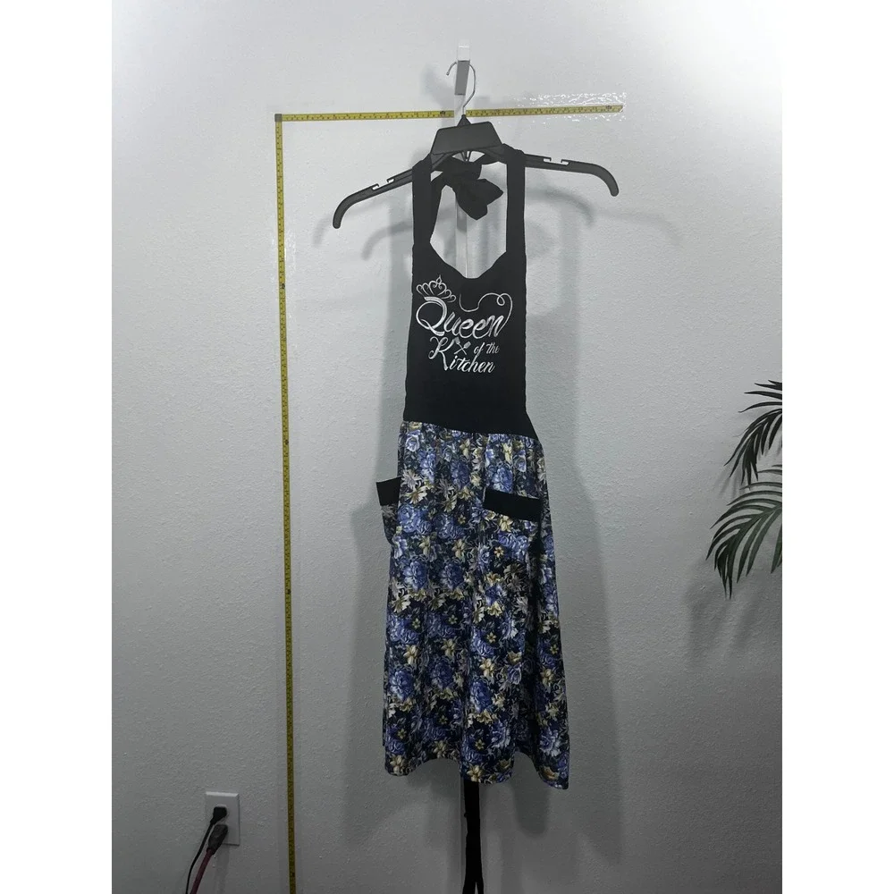 Queen of the Kitchen Floral Halter‎ Apron Black Blue Rose Pockets One Size